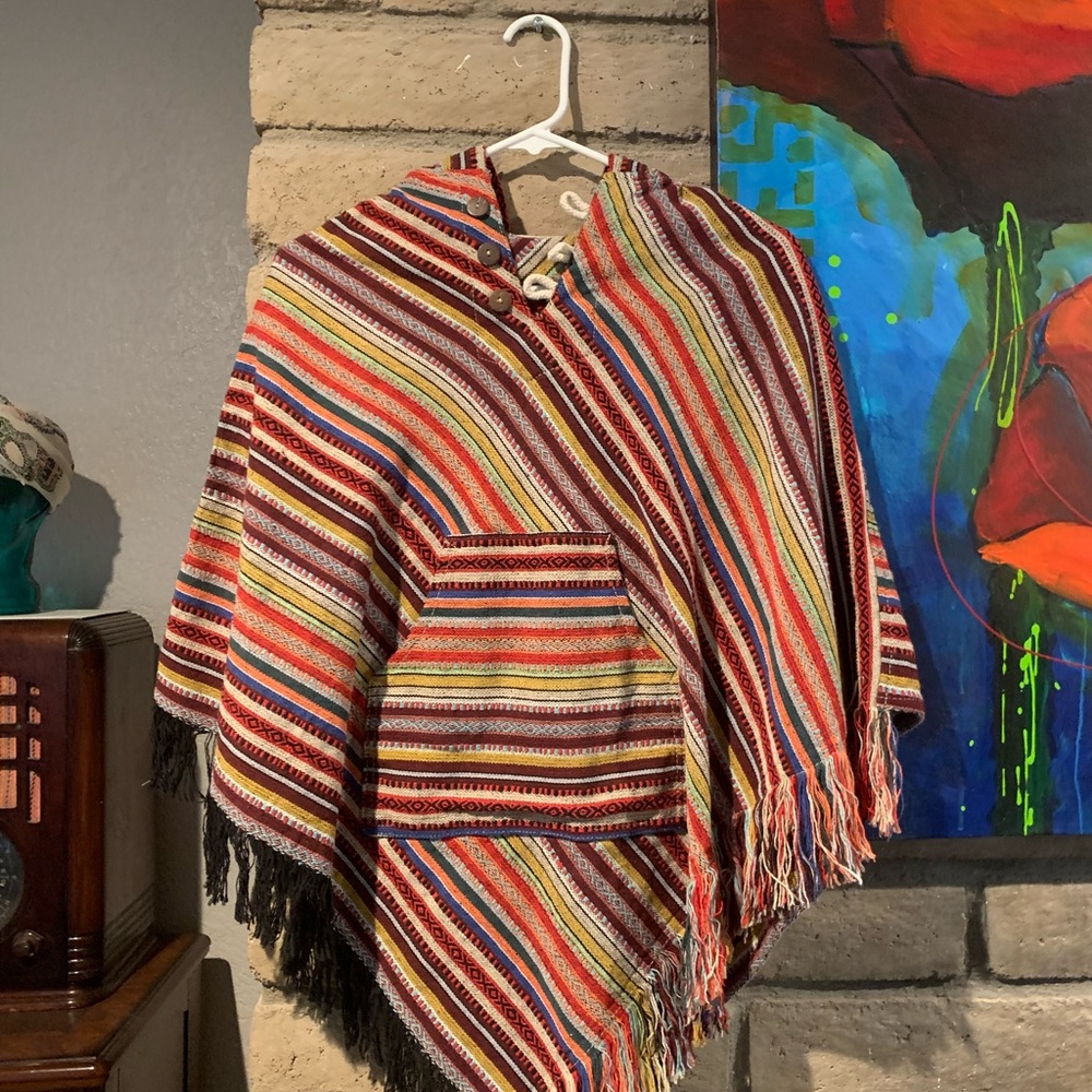 Striped Multi-Color Hooded Poncho Cape